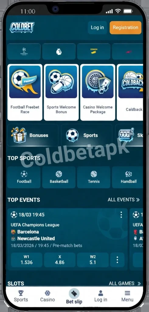Capture d’écran de l’application Coldbet APK sur téléphone Android. Accueil avec bonus Football Freebet Race, Sports Welcome Bonus, Casino Welcome Package, événements UEFA Champions League (Barcelona vs Newcastle) et navigation rapide.